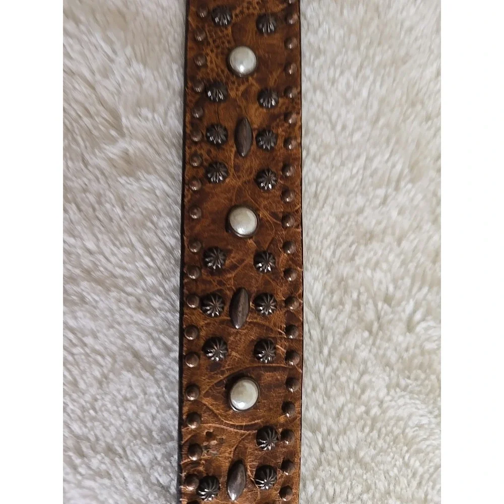 Roper Bling Gems Pearl Studded Brown Western Braided Rose Gold Buckle Belt Rodeo